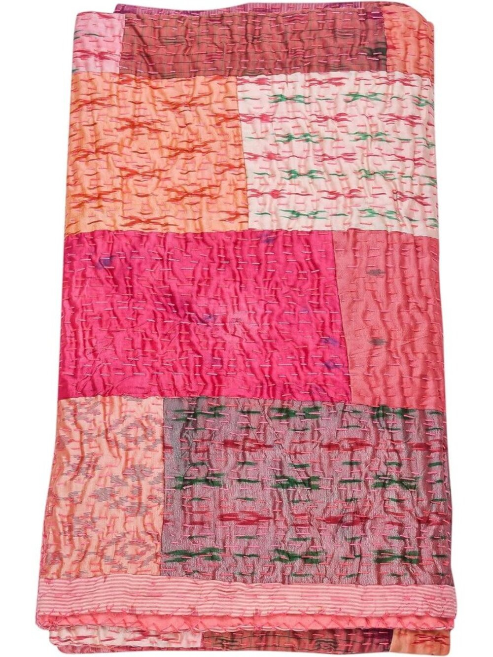 Indian Handmade Quilt Indian Silk Sari Kantha Quilted Patchwork, Silk Kantha Bla